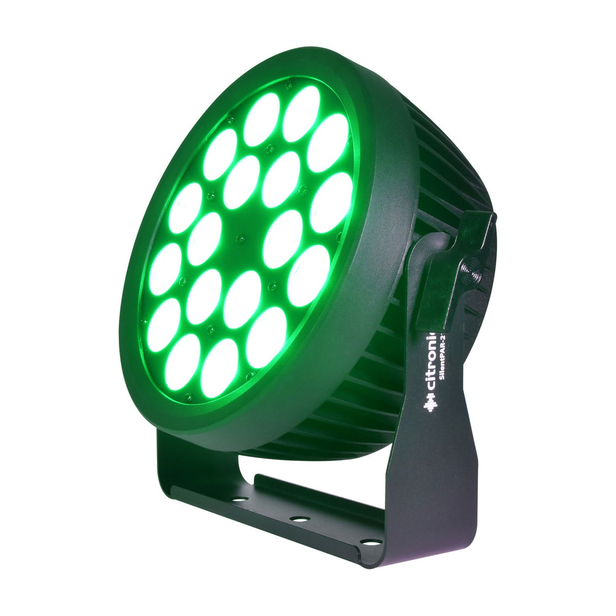 Citronic SilentPAR-216 RGBWA+UV PAR can lighting fixture with 18 LEDs lit green, mounted on a black metal bracket against a white background.