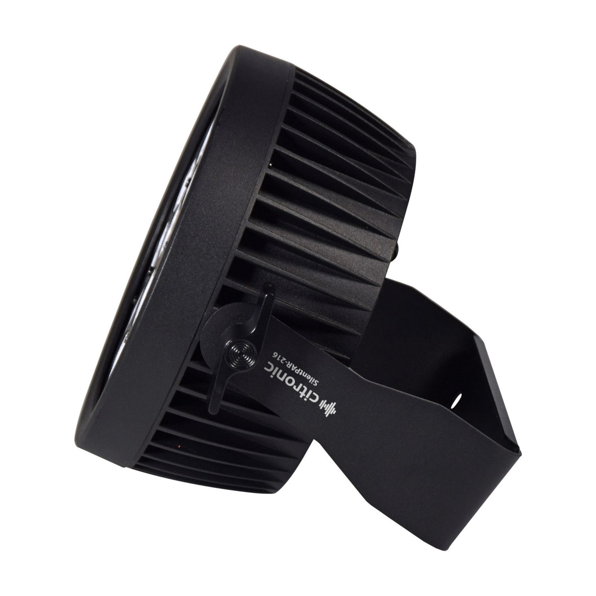 Side view of the Citronic SilentPAR-216 RGBWA+UV PAR can light, showing the finned black metal chassis and mounting bracket on a white background.