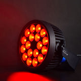 Citronic SilentPAR-216 RGBWA+UV PAR can by AVSL, matte black metal chassis with 18 LEDs lit red, shown on a dark background with blue bracket detail.