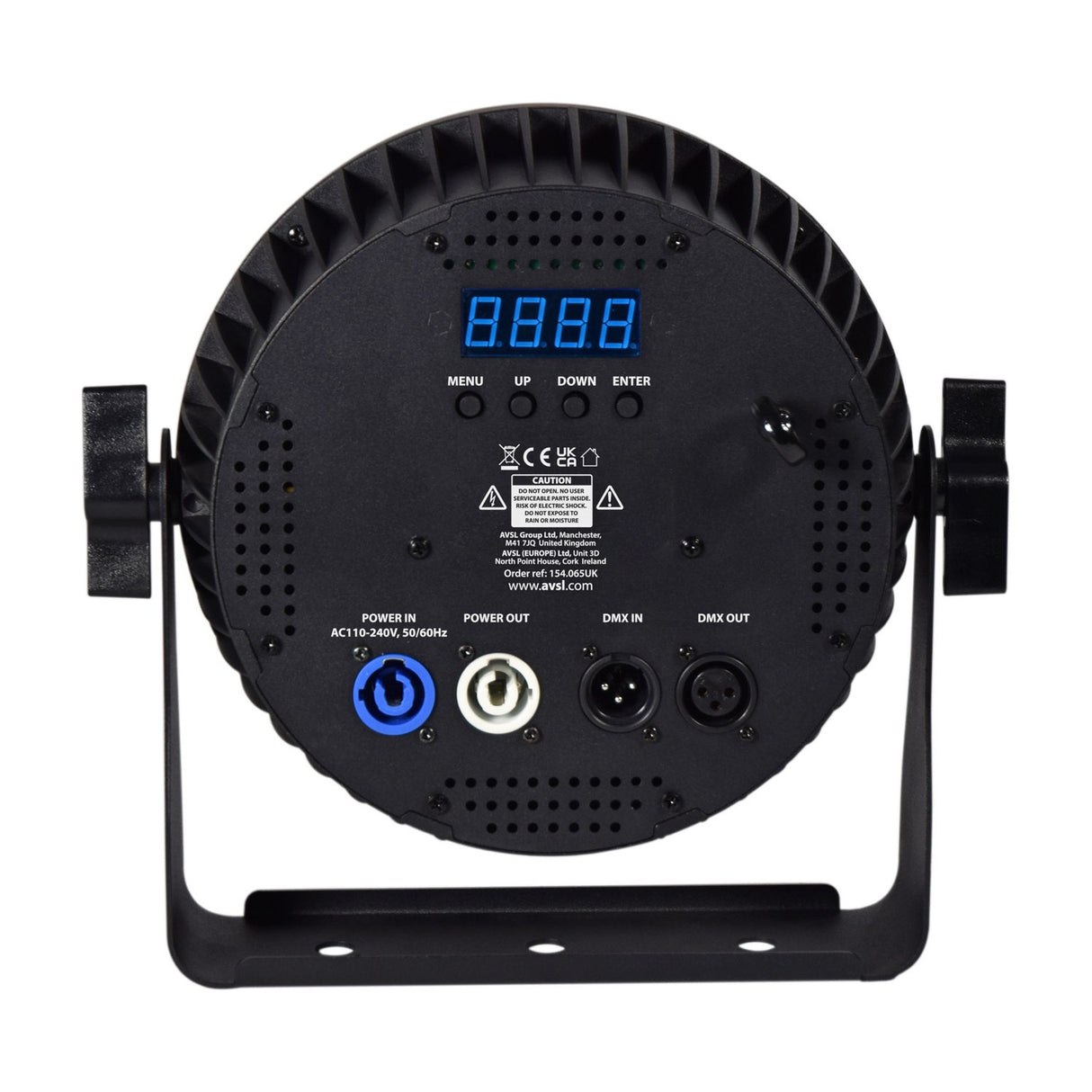 Rear view of Citronic SilentPAR-216 RGBWA+UV PAR can by AVSL, showing digital display, menu buttons, twist-lock power in/out and 3-pin XLR DMX in/out.