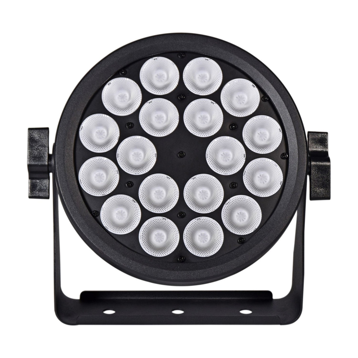 Front view of the Citronic SilentPAR-216 RGBWA+UV PAR can by AVSL, showing 18 LEDs in a black metal housing with mounting bracket.