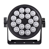 Front view of the Citronic SilentPAR-216 RGBWA+UV PAR can by AVSL, showing 18 LEDs in a black metal housing with mounting bracket.