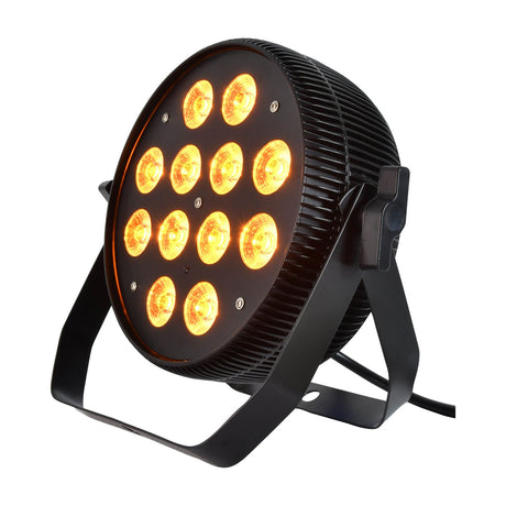Citronic MagicPAR-80B fanless PAR can in matt black with 12 illuminated amber RGBWA/UV LEDs and metal bracket stand on a white background.