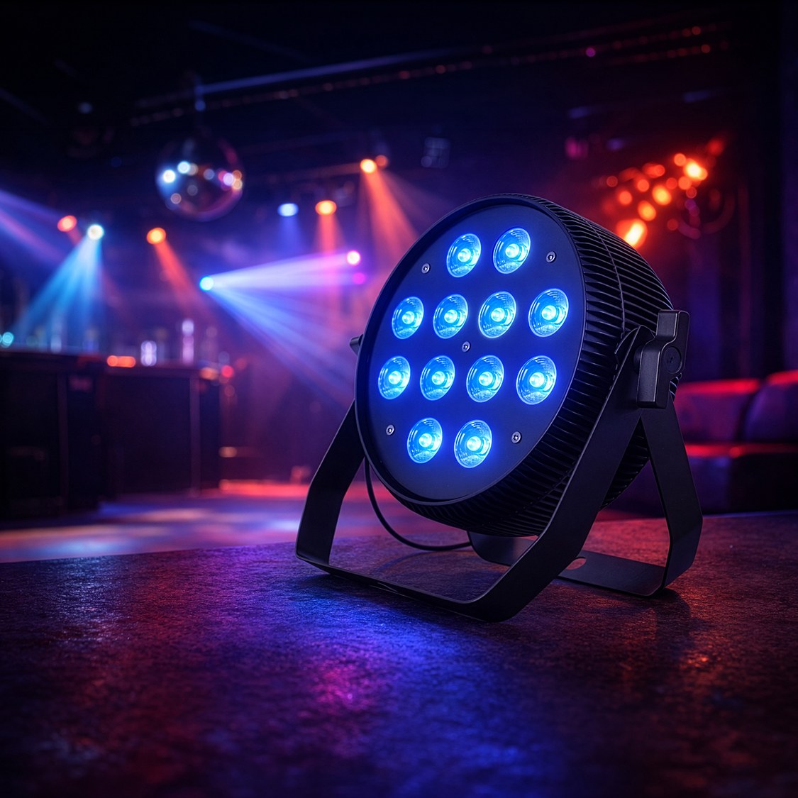 Citronic MagicPAR-80B matt black fanless RGBWA/UV PAR can with 12 LEDs lit blue on a stage floor with coloured beams and a mirror ball behind.