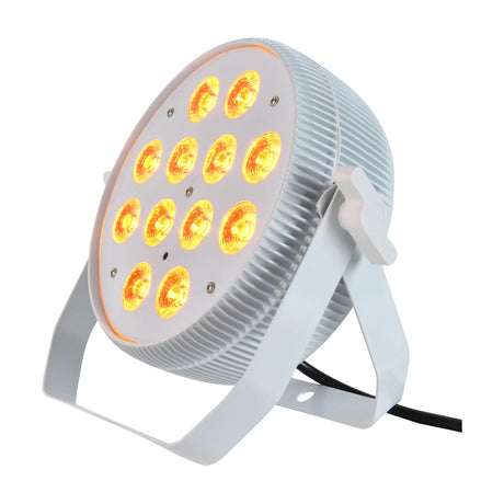 Citronic MagicPAR-80W fanless RGBWA/UV PAR can in white with 12 LEDs lit amber, mounted on a bracket stand against a plain white background.