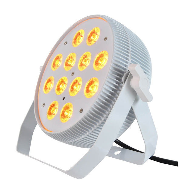 Citronic MagicPAR-80W fanless RGBWA/UV PAR can in white with 12 LEDs lit amber, mounted on a bracket stand against a plain white background.