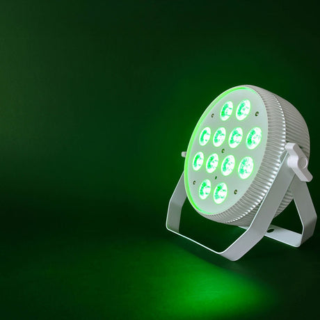 Citronic MagicPAR-80W fanless PAR can by AVSL in white with 12 RGBWA/UV LEDs lit green, mounted on a bracket stand against a dark green backdrop.