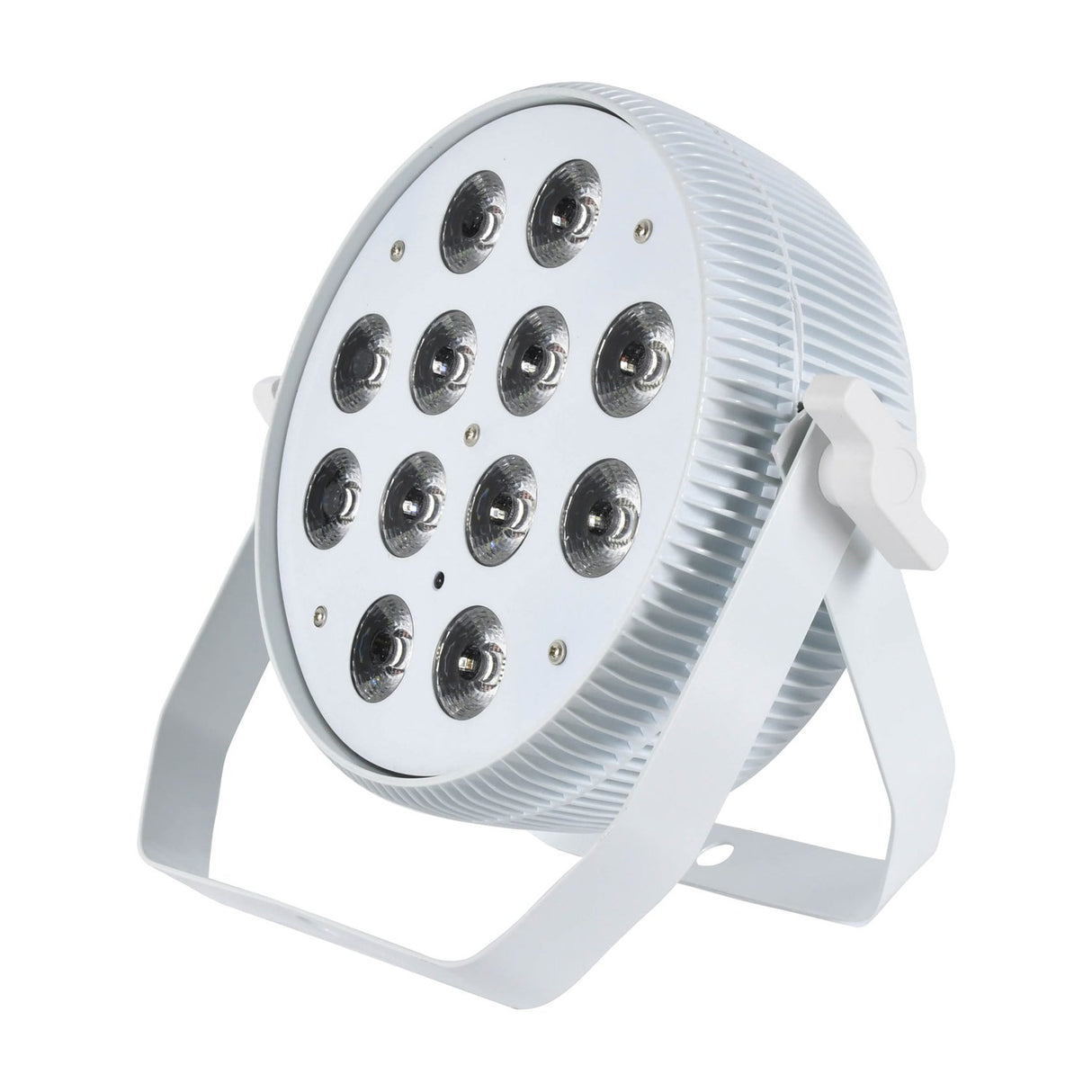 Citronic MagicPAR-80W fanless RGBWA/UV PAR can in white with 12 LEDs and metal U-bracket stand, shown against a plain white background.
