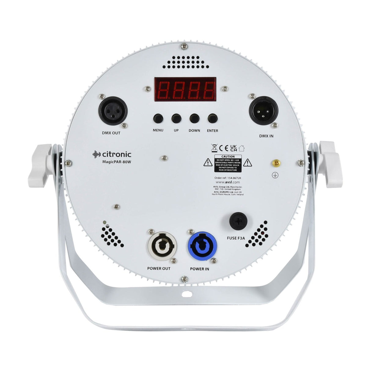 Rear view of Citronic MagicPAR-80W white PAR can showing LED display, menu buttons, DMX in/out XLR ports, twist-lock power in/out, and fuse holder.