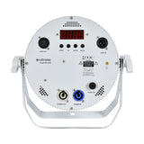 Rear view of Citronic MagicPAR-80W white PAR can showing LED display, menu buttons, DMX in/out XLR ports, twist-lock power in/out, and fuse holder.