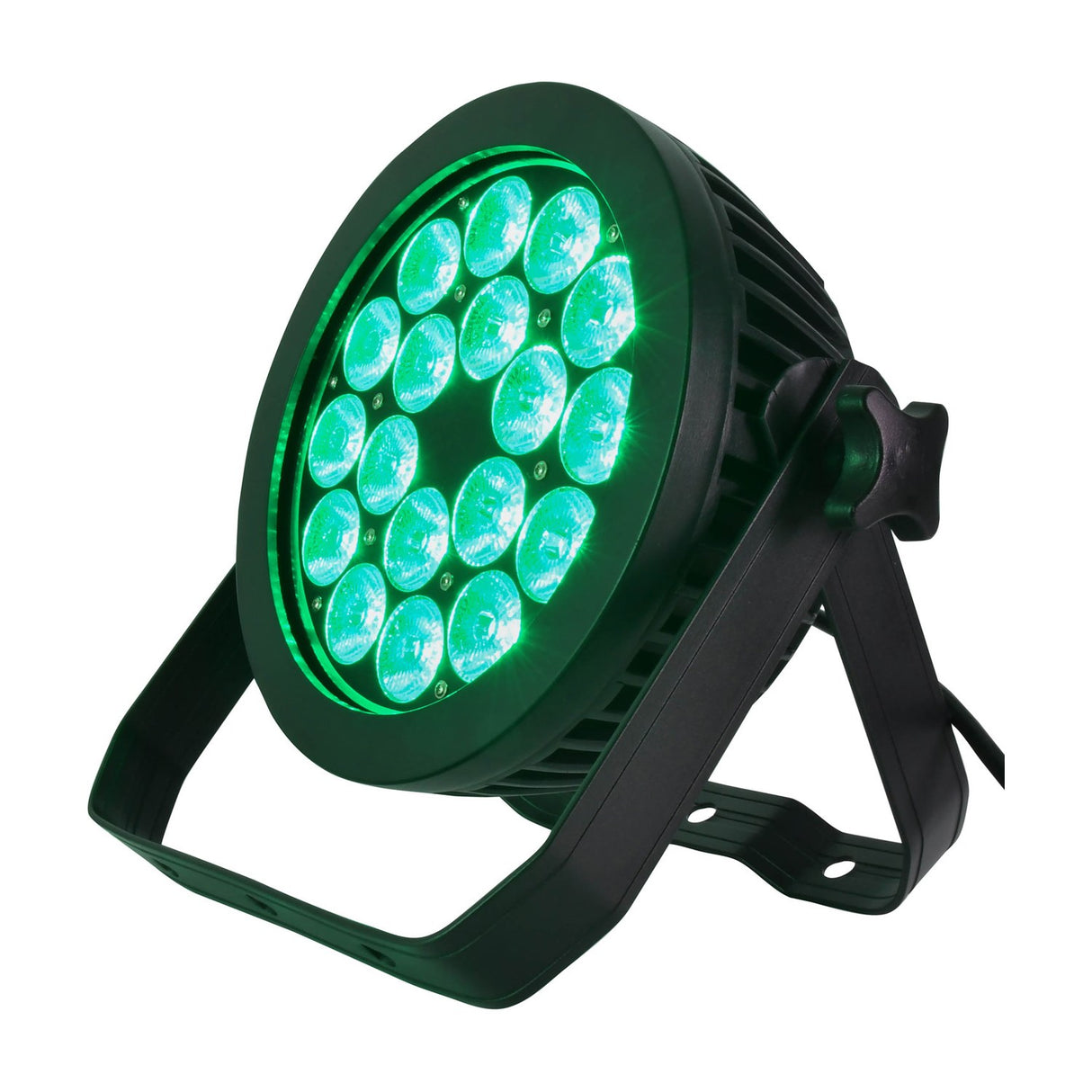 Citronic MagicPAR-220B fanless RGBWA/UV PAR can in matt black with 18 illuminated green LEDs and metal stand bracket, on a white background.
