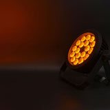 Citronic MagicPAR-220B matt black PAR can by AVSL, angled on its bracket with 18 LEDs glowing amber against a dark background.