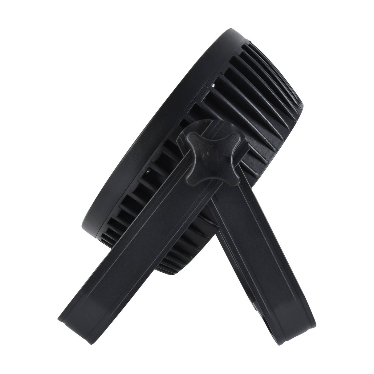 Side view of the Citronic MagicPAR-220B fanless RGBWA/UV PAR can in matt black, showing finned heatsink casing and yoke bracket with adjustment knob.