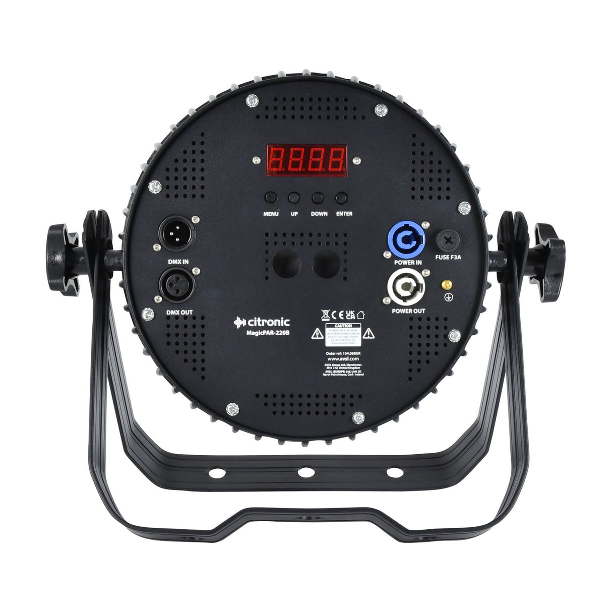 Rear view of Citronic MagicPAR-220B PAR can showing LED display, menu buttons, DMX in/out XLR ports, twist-lock power in/out, and matt black metal bracket.