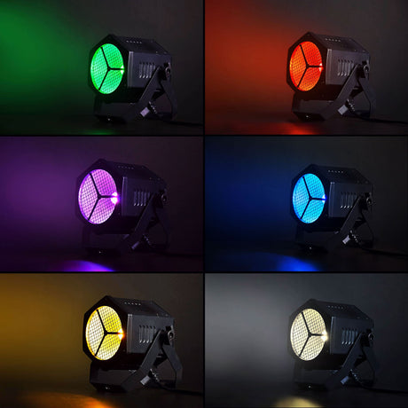 Citronic HexaPAR 40W COB LED RGBW PAR light by AVSL shown in six colours: green, red, purple, blue, amber and white, with hexagonal black housing.