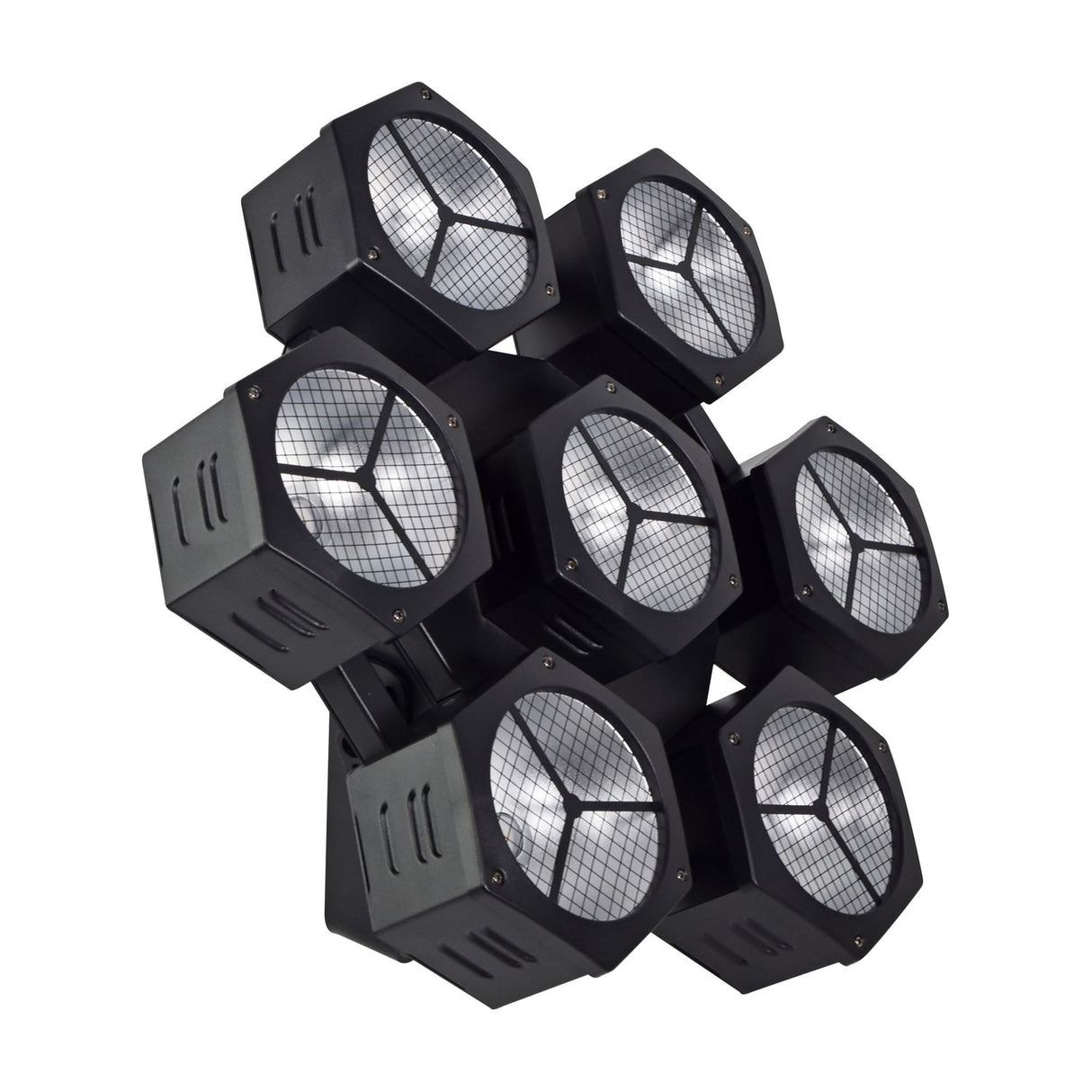 Citronic CosmoPAR PAR light by AVSL with seven hexagonal matte black heads in a honeycomb cluster, each fitted with a mesh-guarded RGBW COB LED.
