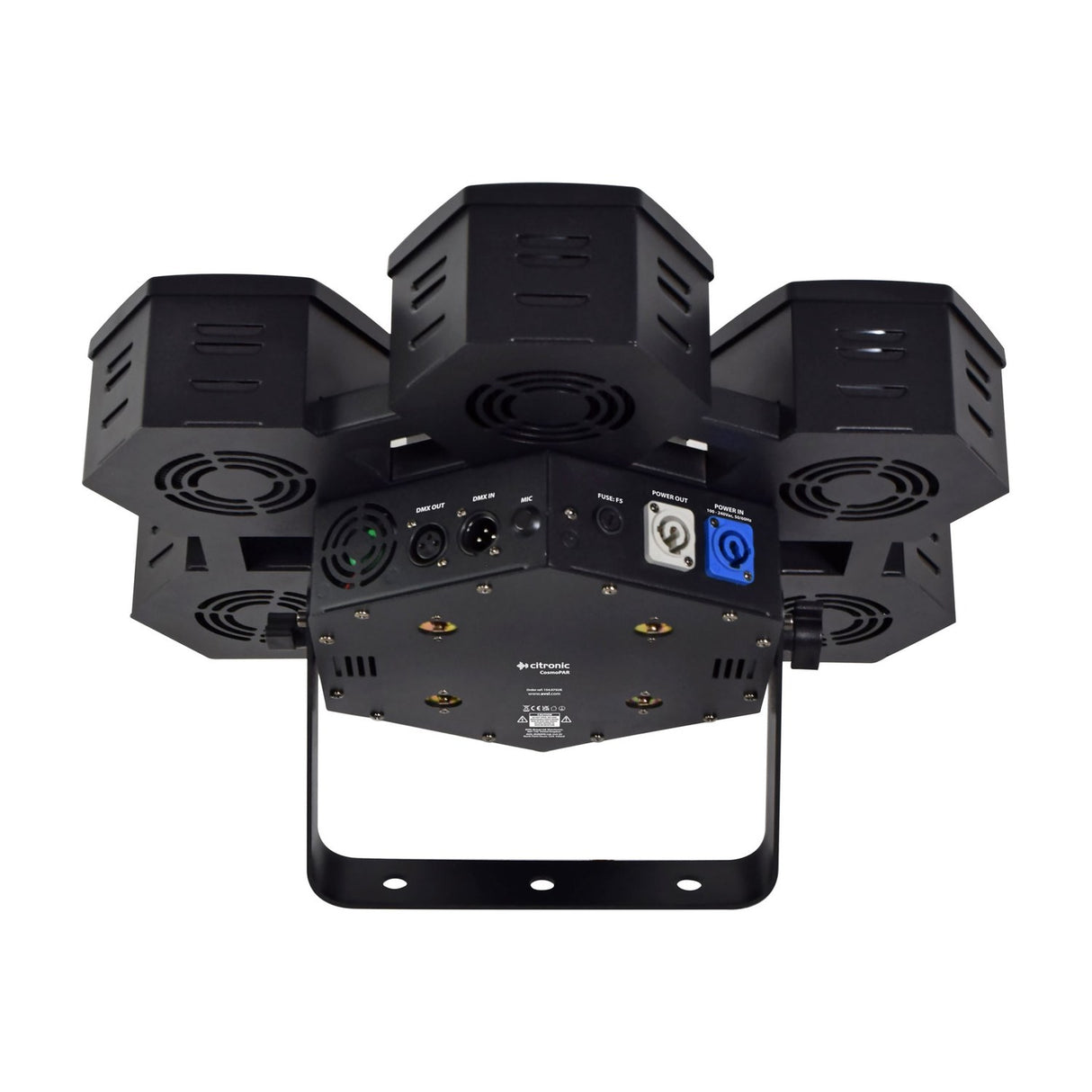 Rear view of the Citronic CosmoPAR RGBW COB LED PAR light showing three angled heads, mounting bracket, DMX in/out XLR ports and twist-lock power sockets.