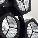 Close-up of the Citronic CosmoPAR RGBW COB LED PAR light by AVSL, showing matte black hexagonal heads with mesh-covered snowflake-style lens faces.