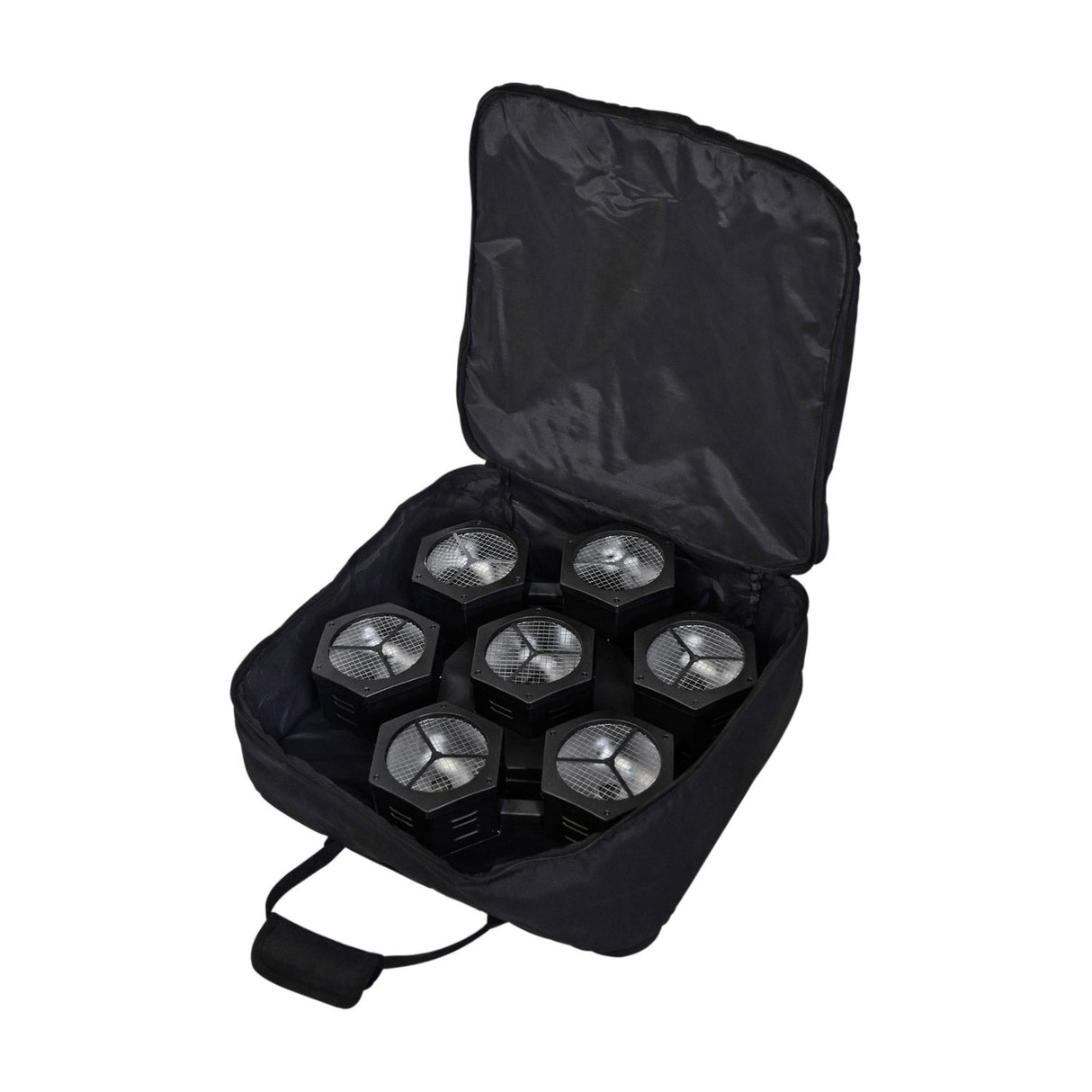 Citronic CosmoPAR 7x40W RGBW COB LED PAR light packed inside its included black padded carry bag with the zipped lid open, shown on a white background.