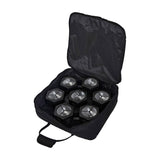 Citronic CosmoPAR 7x40W RGBW COB LED PAR light packed inside its included black padded carry bag with the zipped lid open, shown on a white background.