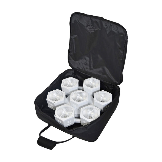 Citronic CosmoPAR padded nylon transit bag open to show seven white hexagonal PAR fixtures inside, with carry handle and zip visible on a white background.