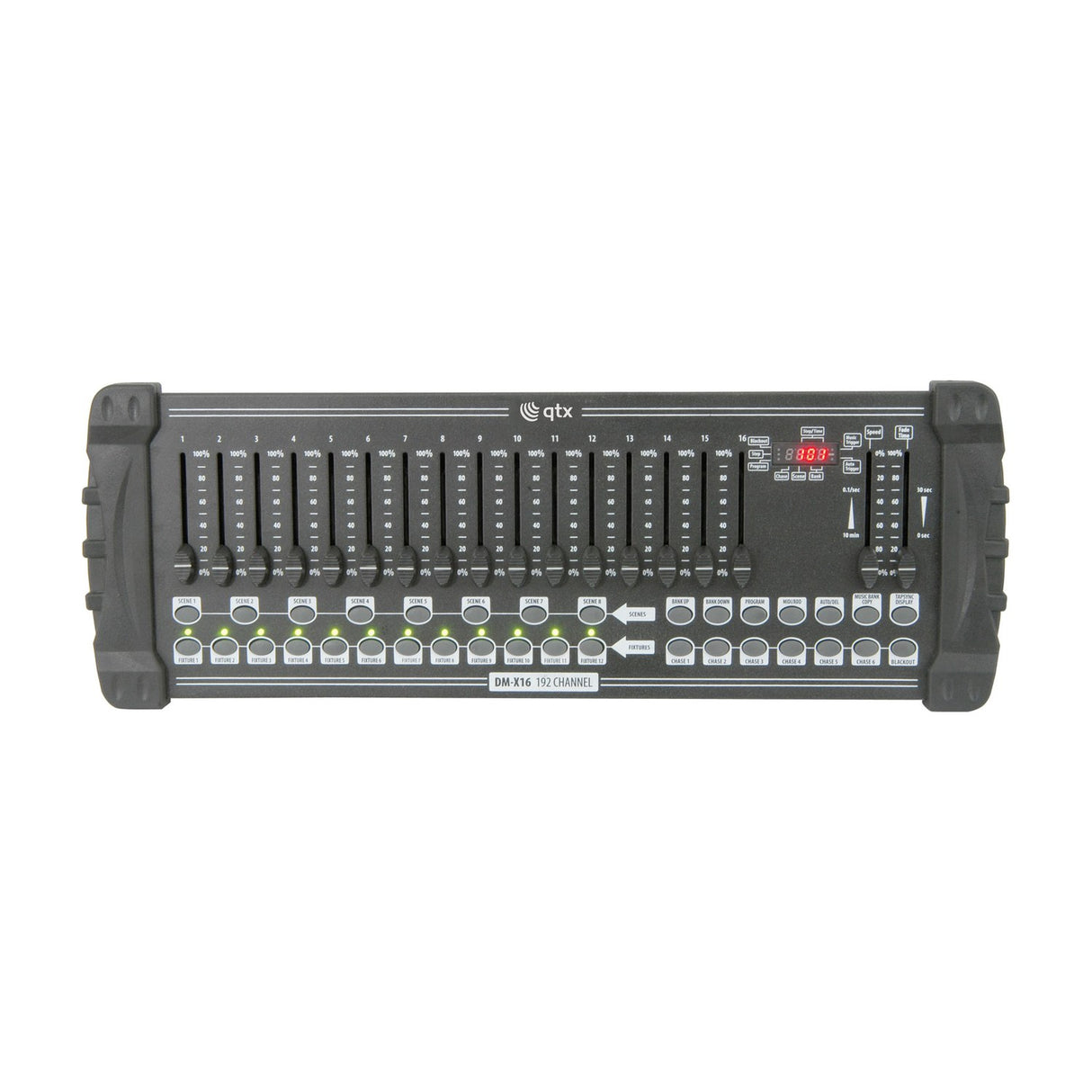 QTX DM-X16 192 channel DMX lighting controller with 16 faders, scene and fixture buttons, LED display and chase controls on a white background.