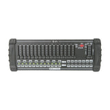 QTX DM-X16 192 channel DMX lighting controller with 16 faders, scene and fixture buttons, LED display and chase controls on a white background.