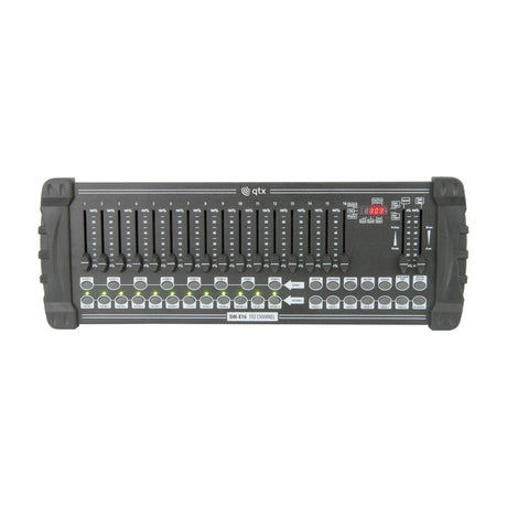 QTX DM-X16 192 channel DMX lighting controller with 16 faders, scene and fixture buttons, LED display and chase controls on a white background.