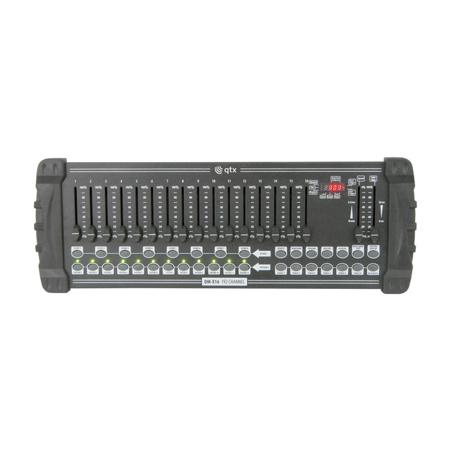 QTX DM-X16 192 channel DMX lighting controller with 16 faders, scene and fixture buttons, LED display and chase controls on a white background.