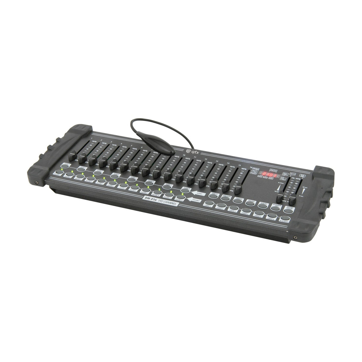 QTX DM-X16 192-channel DMX lighting controller with 16 faders, fixture and chase buttons, LED display, and gooseneck lamp, shown on a white background.