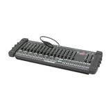 QTX DM-X16 192-channel DMX lighting controller with 16 faders, fixture and chase buttons, LED display, and gooseneck lamp, shown on a white background.