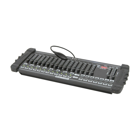 QTX DM-X16 192-channel DMX lighting controller with 16 faders, fixture and chase buttons, LED display, and gooseneck lamp, shown on a white background.