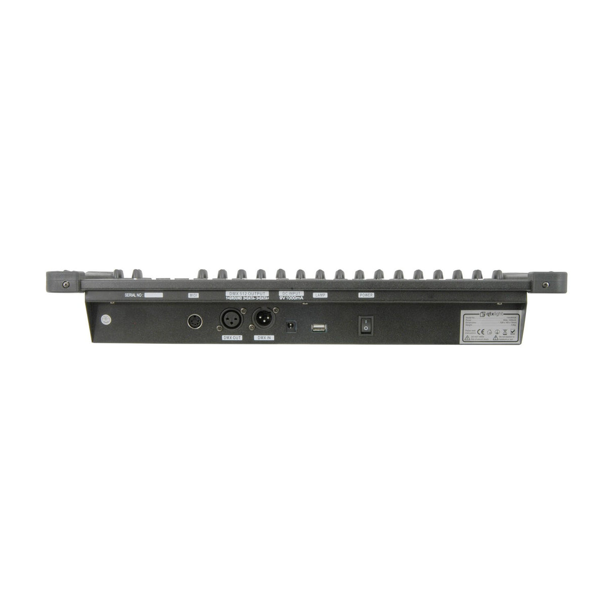 Rear panel of the QTX DM-X16 192 channel DMX lighting controller showing MIDI, DMX out and in, DC input, lamp port and power switch.