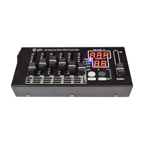 QTX 24 Channel Mini DMX Lighting Controller with six channel faders, dual red LED displays, page and blackout buttons, and master fader.