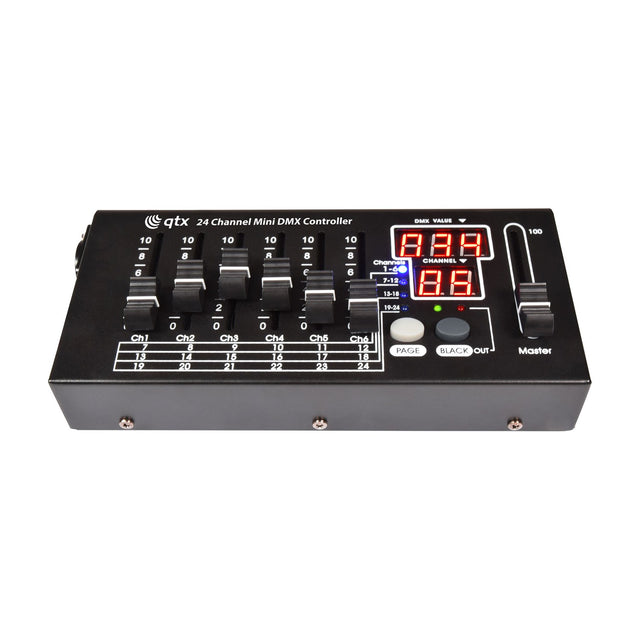 QTX 24 Channel Mini DMX Lighting Controller with six channel faders, dual red LED displays, page and blackout buttons, and master fader.