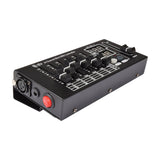 QTX 24 Channel Mini DMX Lighting Controller in matte black, angled view showing six channel faders, master fader, dual LED displays and XLR port.