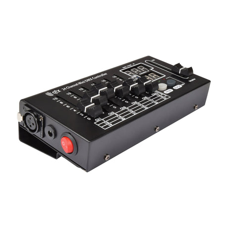 QTX 24 Channel Mini DMX Lighting Controller in matte black, angled view showing six channel faders, master fader, dual LED displays and XLR port.