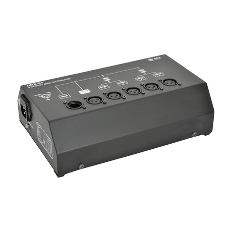 QTX DMX-D4 4-way DMX booster distributor in a black metal housing with IEC mains input, DMX in, loop output and four 3-pin XLR outputs.