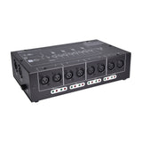 QTX DMX-D8 8-way DMX booster distributor in a black steel enclosure with eight XLR outputs, tri-colour LED indicators and input XLR sockets.