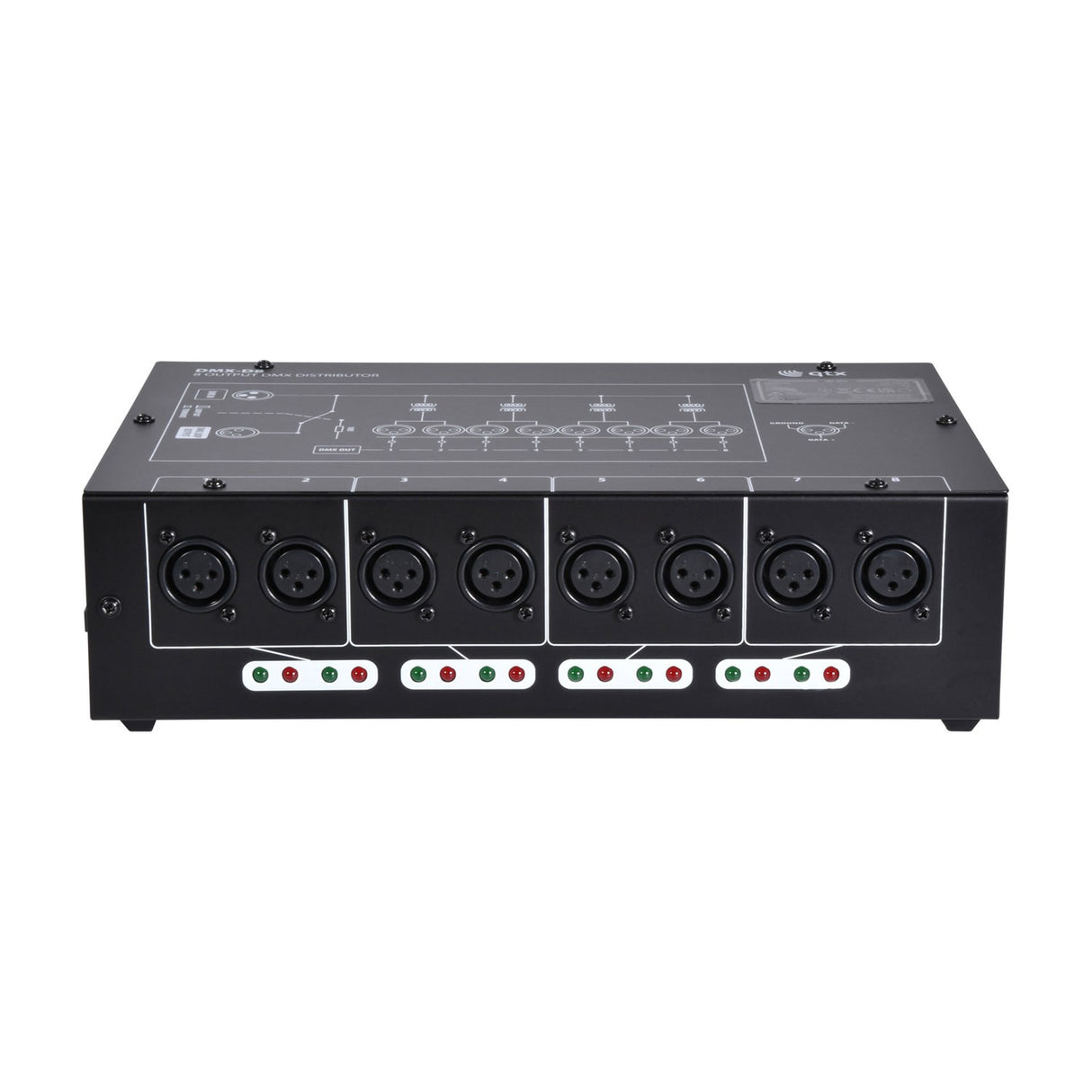 QTX DMX-D8 8-way DMX distributor front panel with eight 3-pin XLR outputs and tri-colour LED indicators in a black steel casing on a white background.