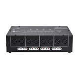 QTX DMX-D8 8-way DMX distributor front panel with eight 3-pin XLR outputs and tri-colour LED indicators in a black steel casing on a white background.