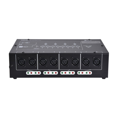 QTX DMX-D8 8-way DMX distributor front panel with eight 3-pin XLR outputs and tri-colour LED indicators in a black steel casing on a white background.