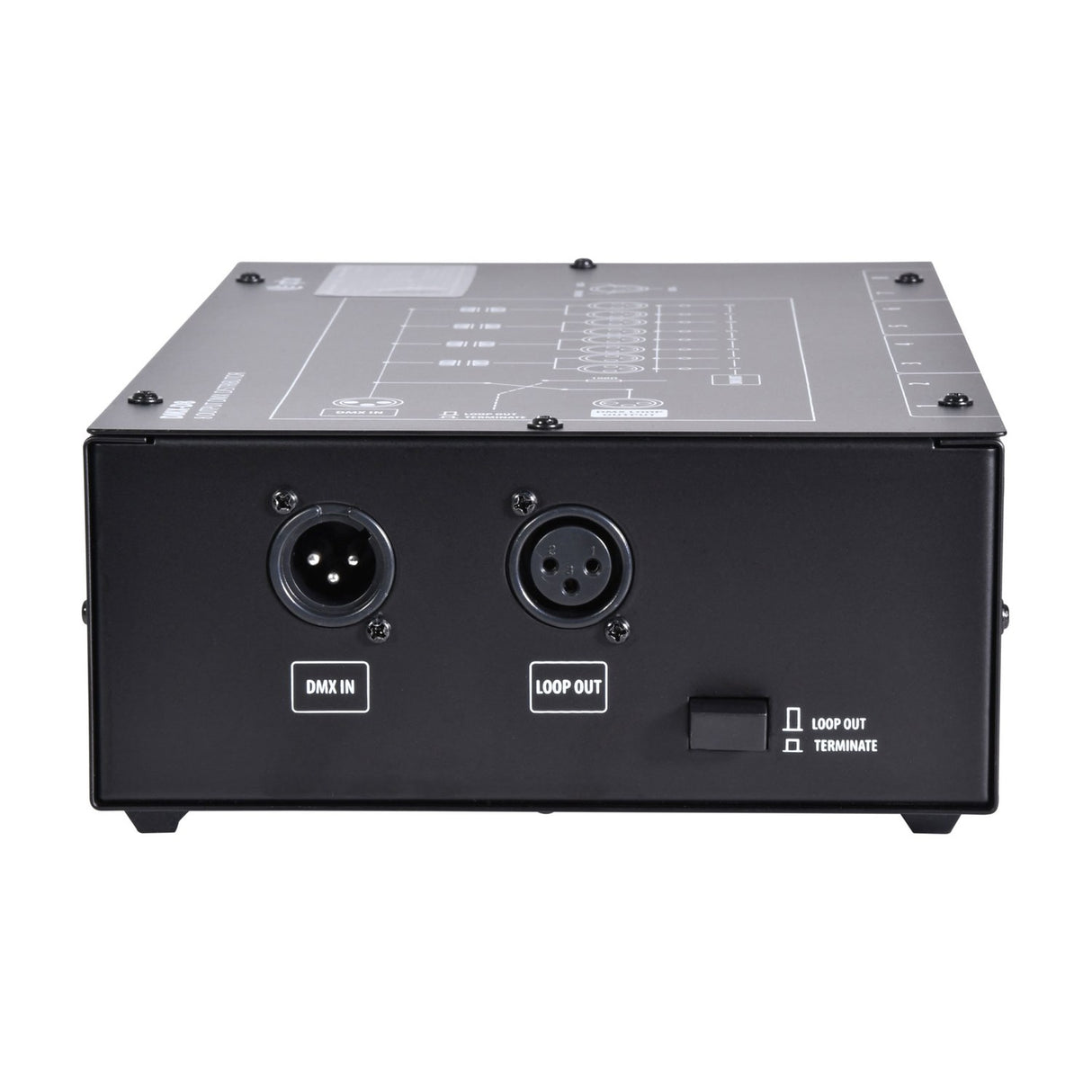 QTX DMX-D8 8 way DMX booster distributor rear panel showing DMX in and loop out XLR connectors with loop out/terminate switch.