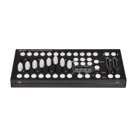 QTX 192 Channel DMX Lighting Controller by AVSL, a compact black desktop unit with white faders, buttons and central LED display, on a white background.