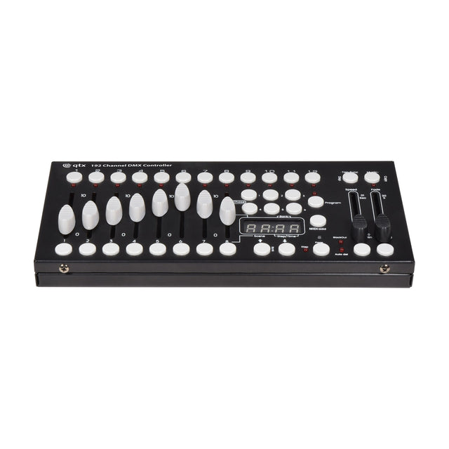 QTX 192 Channel DMX Lighting Controller by AVSL, a compact black desktop unit with white faders, buttons and central LED display, on a white background.