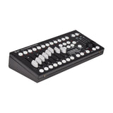 QTX 192 Channel DMX Lighting Controller by AVSL, a black desktop unit with white faders, scene buttons, LED display and speed slider on a white background.