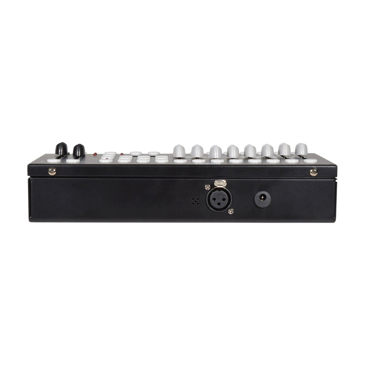 Rear side view of the AVSL QTX 192 Channel DMX Lighting Controller showing the 3-pin XLR output, DC power inlet and black metal casing on a white background.