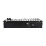Rear side view of the AVSL QTX 192 Channel DMX Lighting Controller showing the 3-pin XLR output, DC power inlet and black metal casing on a white background.