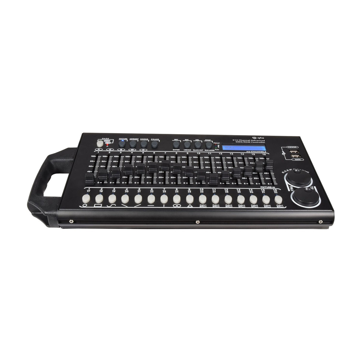 QTX 512 Channel Advanced DMX Lighting Controller with black metal chassis, faders, backlit LCD, jog wheels and detachable carry handle, on white.