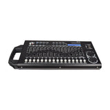 QTX 512 Channel Advanced DMX Lighting Controller with black metal chassis, faders, backlit LCD, jog wheels and detachable carry handle, on white.